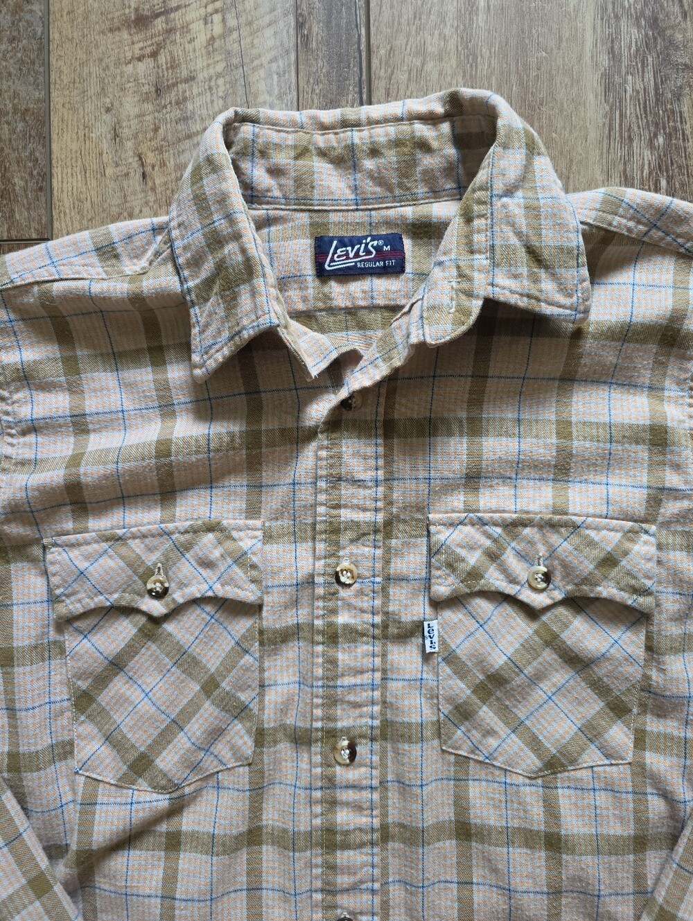 Levi's - Vintage 70s White Tab Flannel Western Shirt - M - Tan Peach Blue Plaid